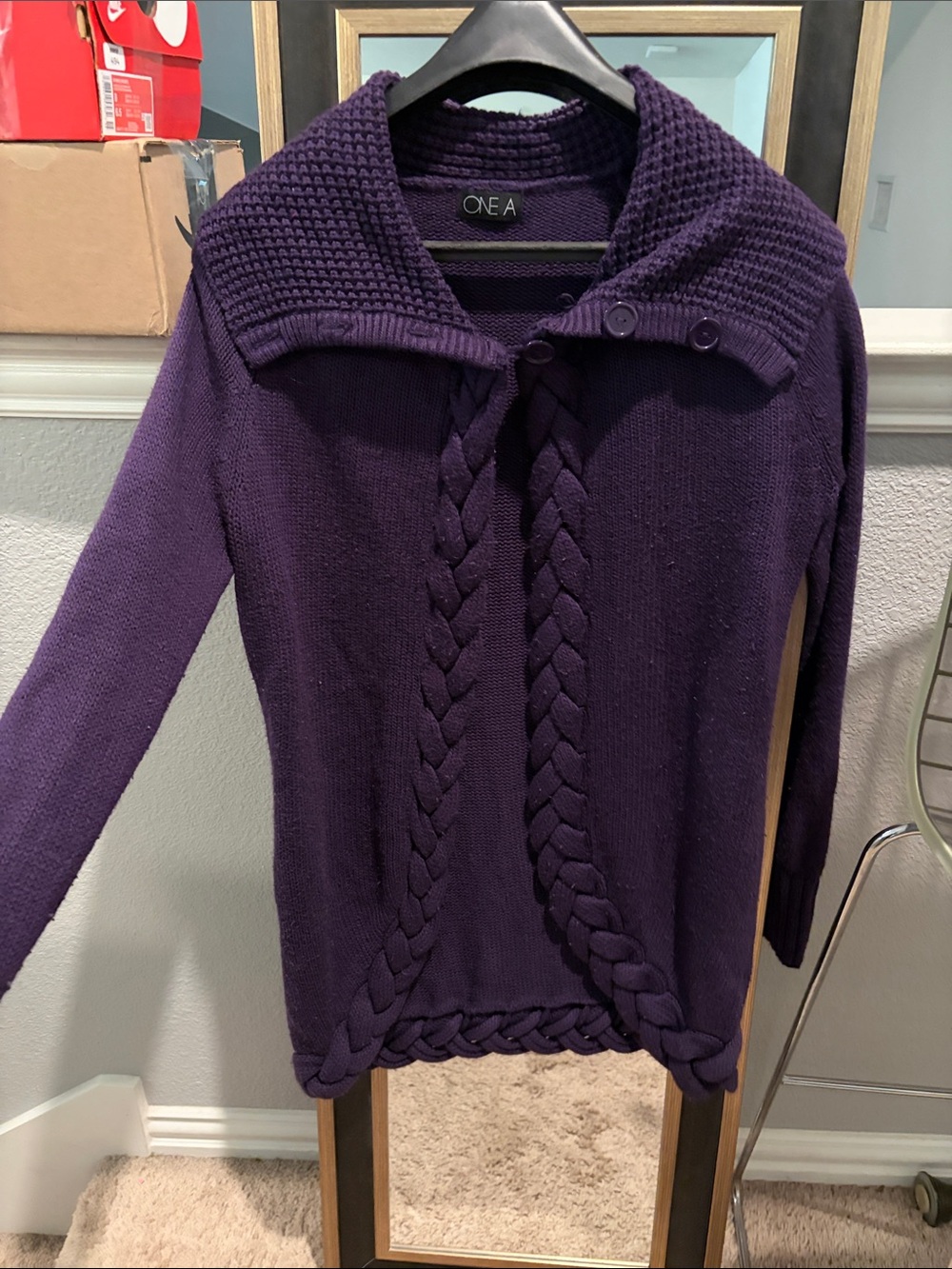 One A Purple Braided-Cable Collar Cardigan Sweater